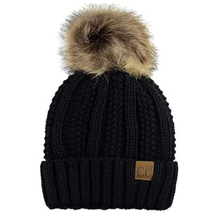 Las mejores opciones de sombreros de invierno: CC grueso tejido de cable de imitación de piel borrosa Pom Fleece